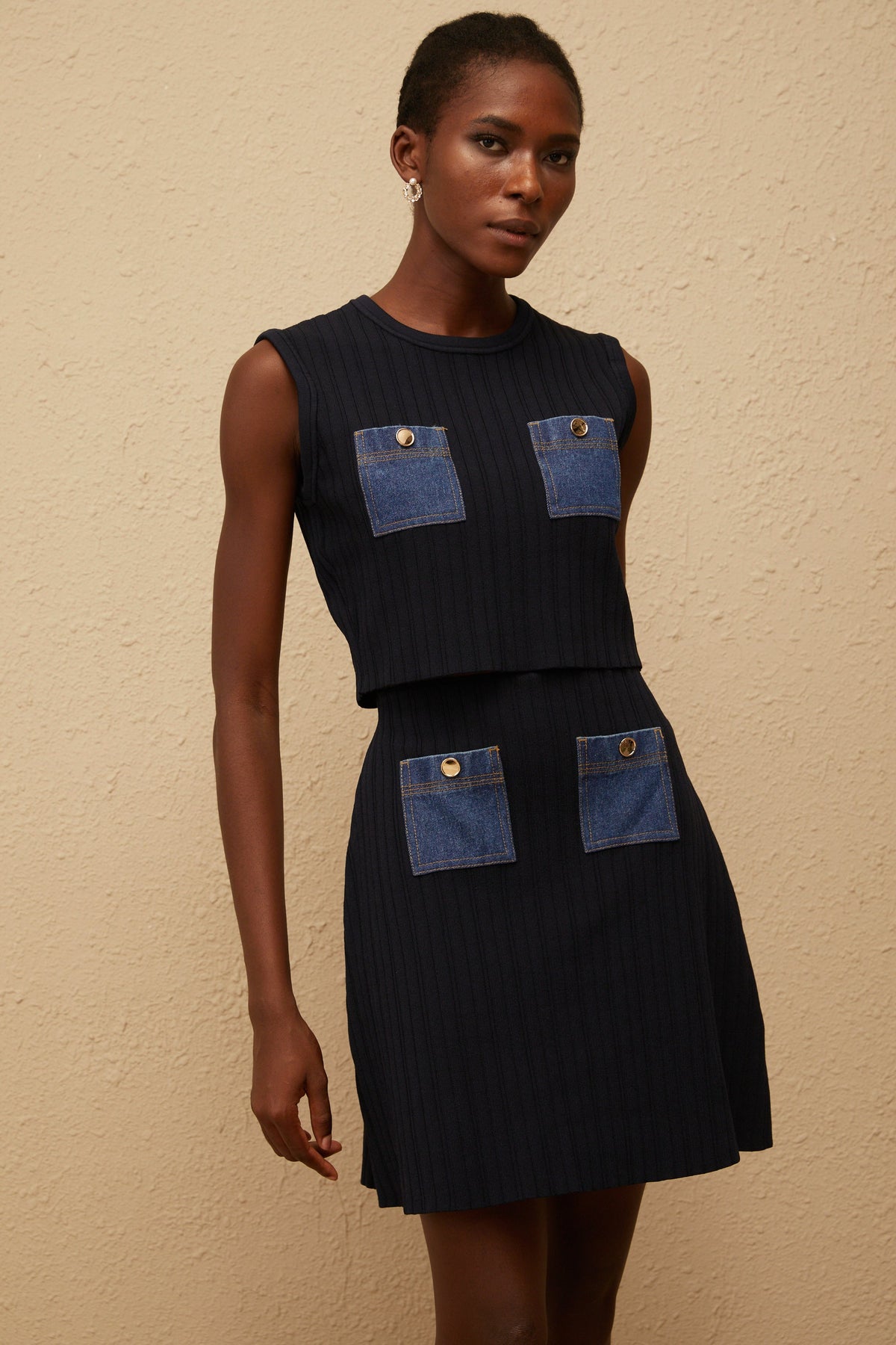 Kleopatra Mavi Denim Panel Nervürlü Örgü Set