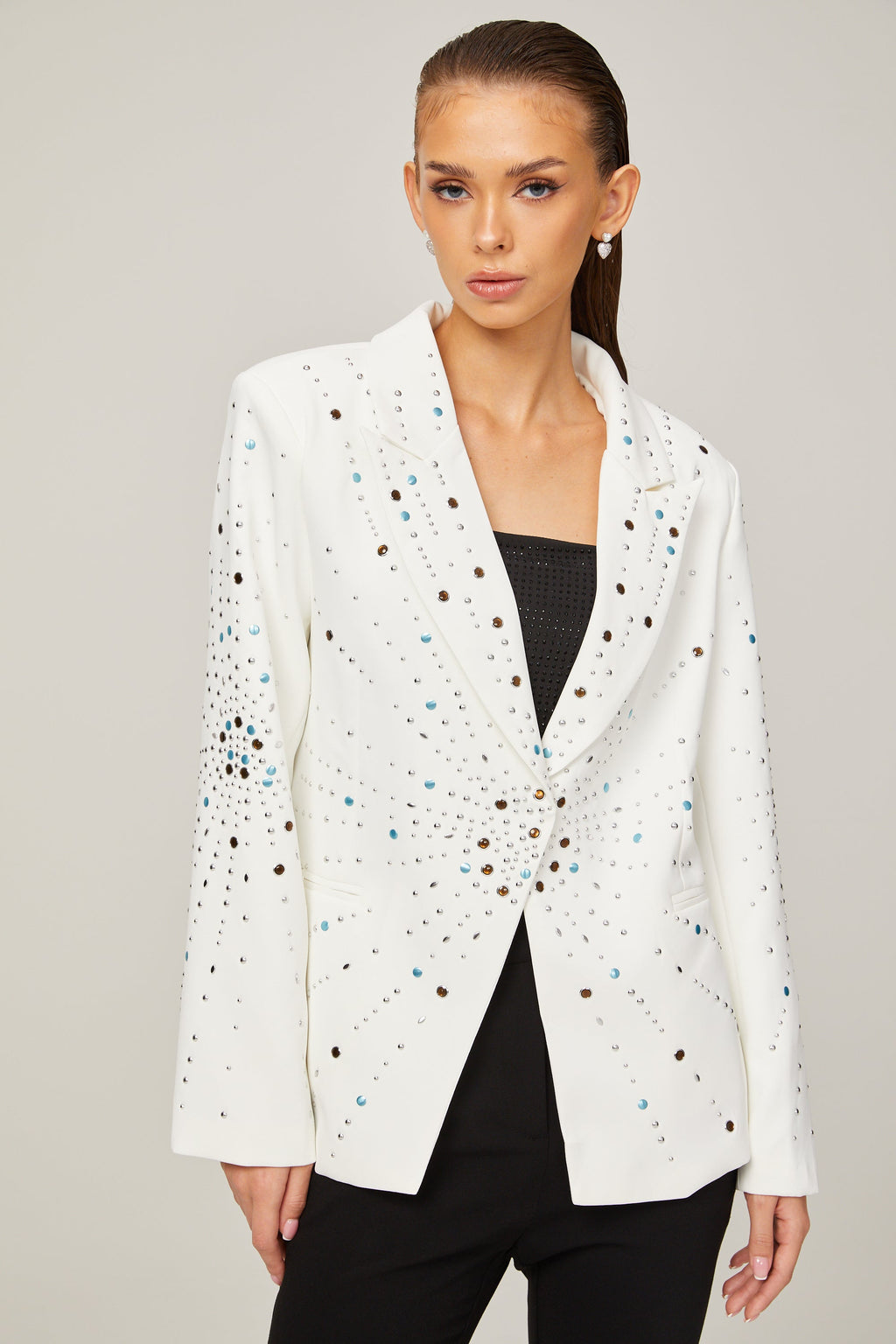 Jocelyne Beyaz Suni Elmaslarla Süslenmiş Blazer