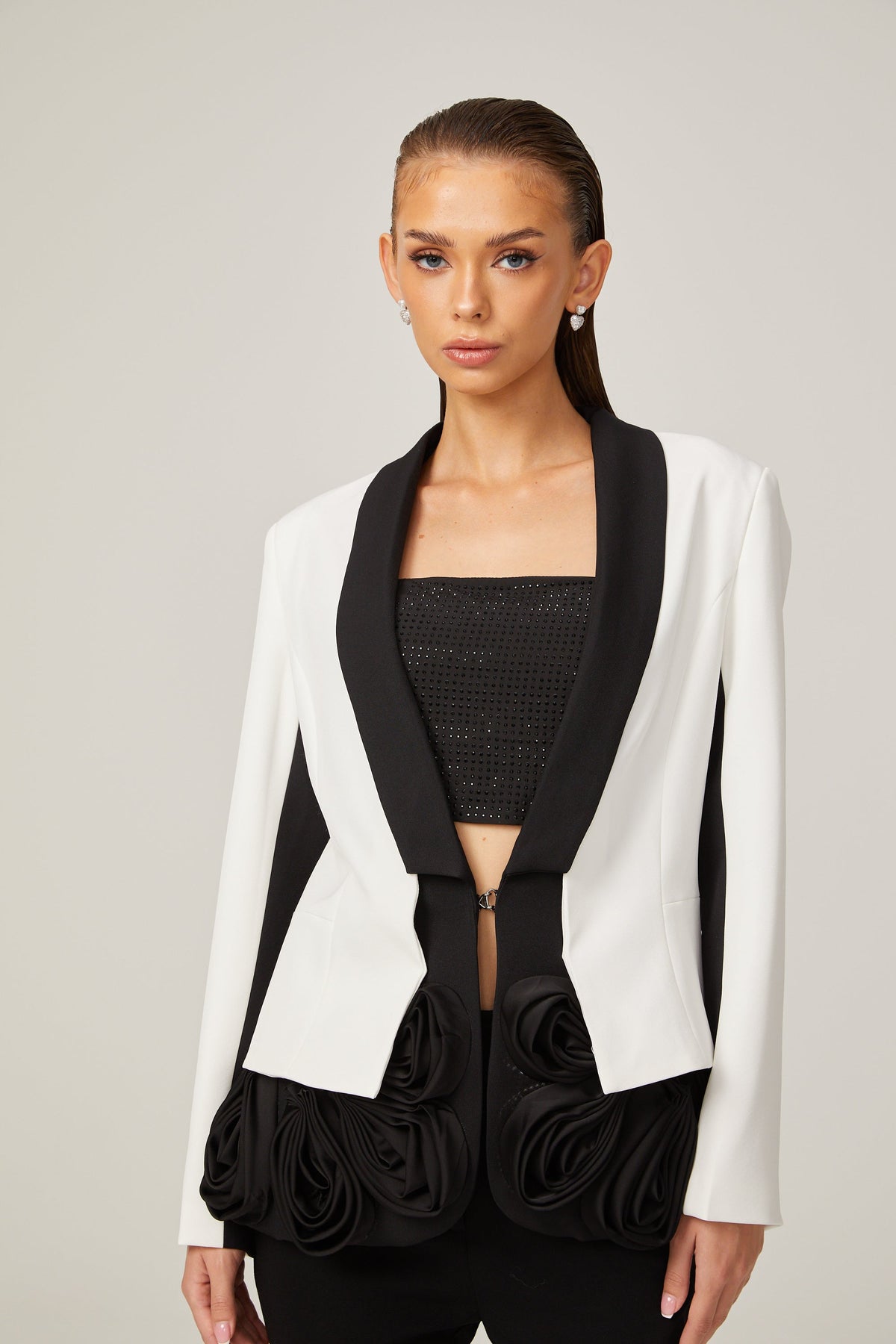 Jessica Beyaz 3 Boyutlu Yapraklı Katmanlı Blazer
