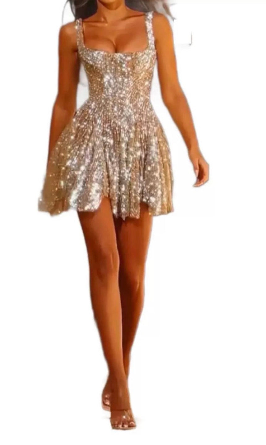 New Fashion Shiny Square Collar A Swing Umbrella Skirt Elegant Backless Elbise