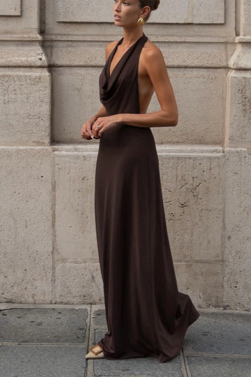 Naomi Brown Halter Backless Maxi Dress