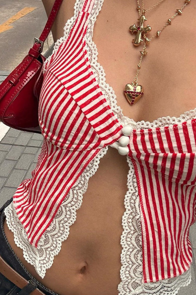 Agda Ruffled Stripe Lace Tank Top