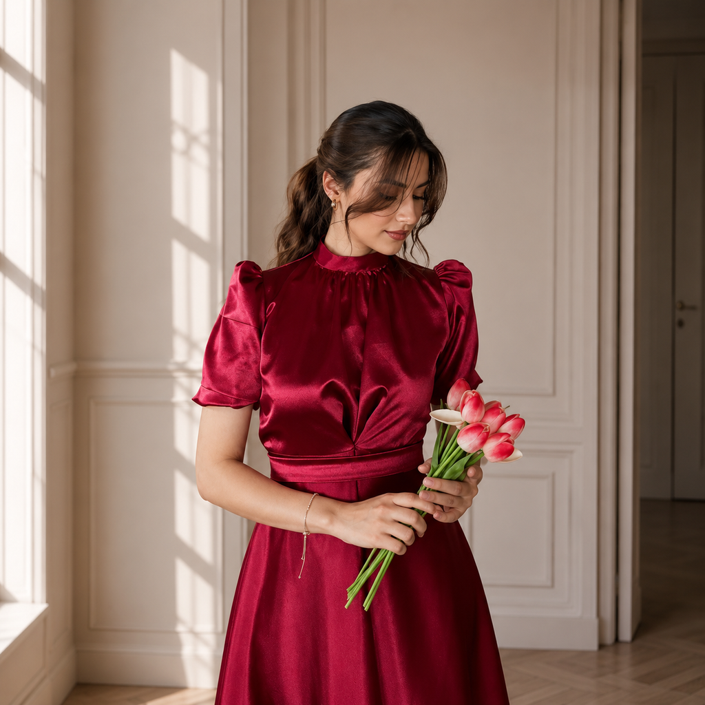 Bordo Kloş Etek Kısa Kol Midi Boy Saten Abiye Elbise
