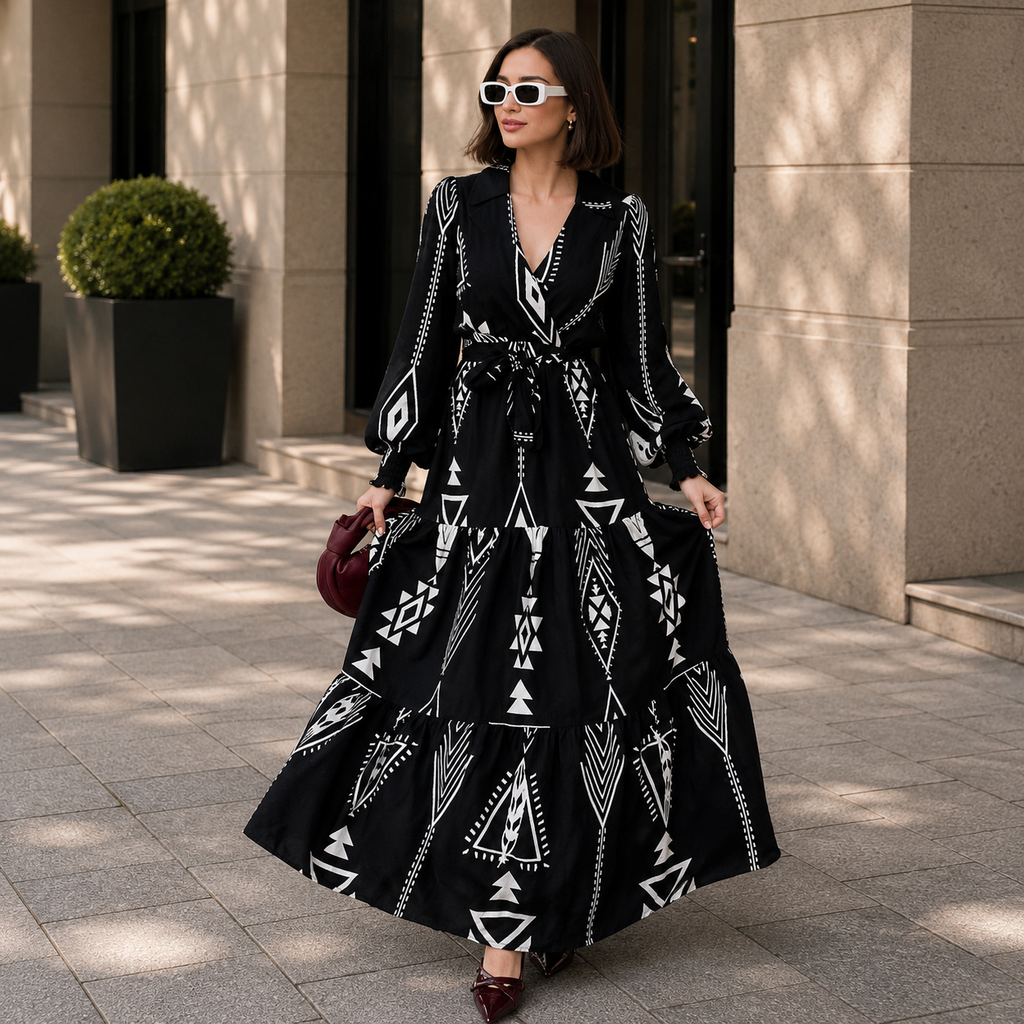 Desenli Kruvaze Yaka Uzun Kadın Elbise
