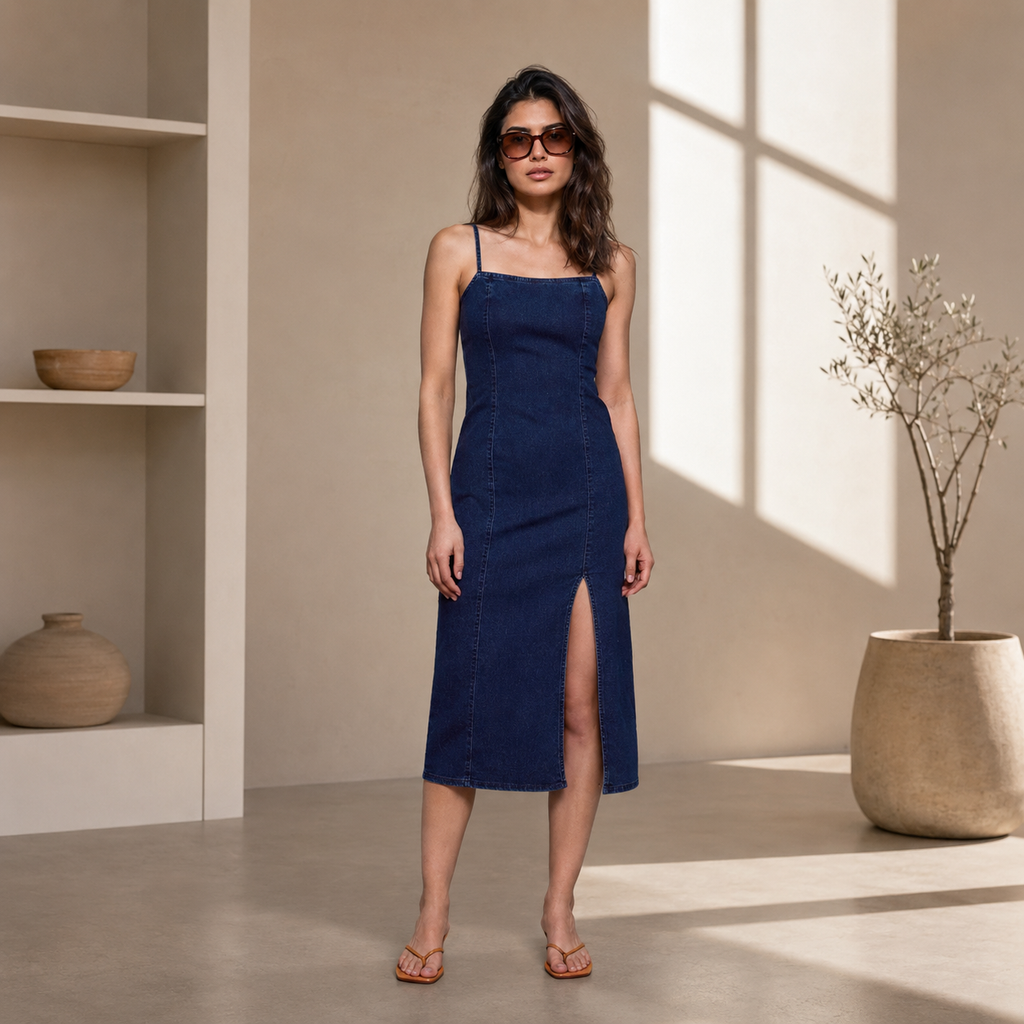 Denim Yırtmaçlı Elbise Mavi