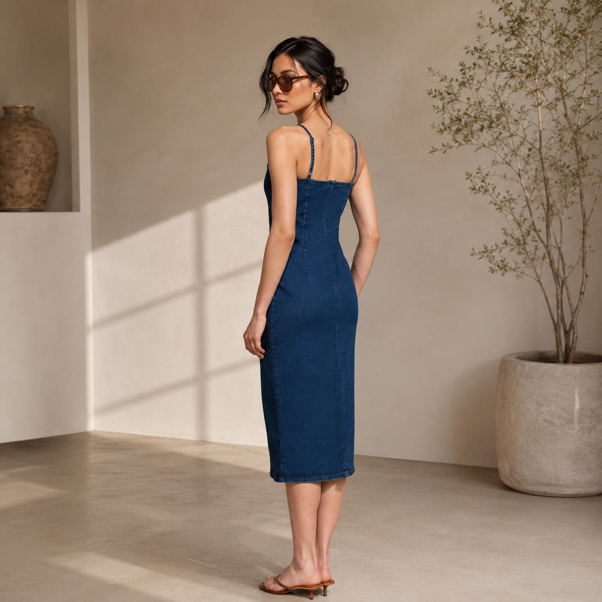 Denim Yırtmaçlı Elbise Mavi