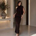 Tek Omuz Boyunlu Zarif Dökümlü Kahverengi Maxi Elbise