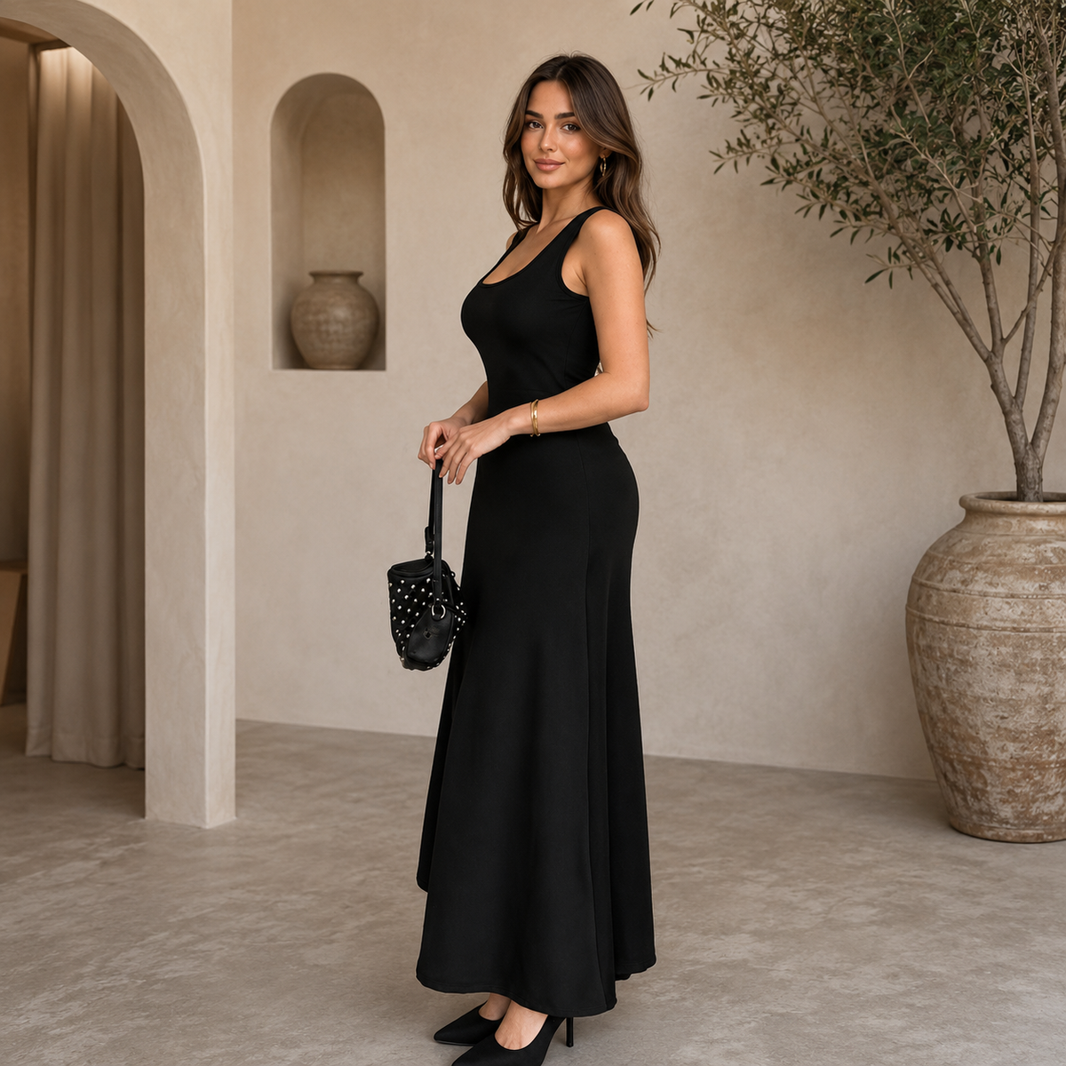 Kadın  Soft Touch Ön Arka Kare Yaka Elbise Siyah