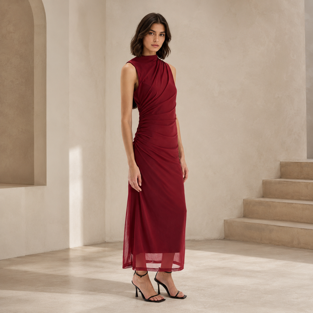Bodycon Vücudu Saran Yarım Balıkçı Yaka Basıc Tül Maxi Abiye Elbise