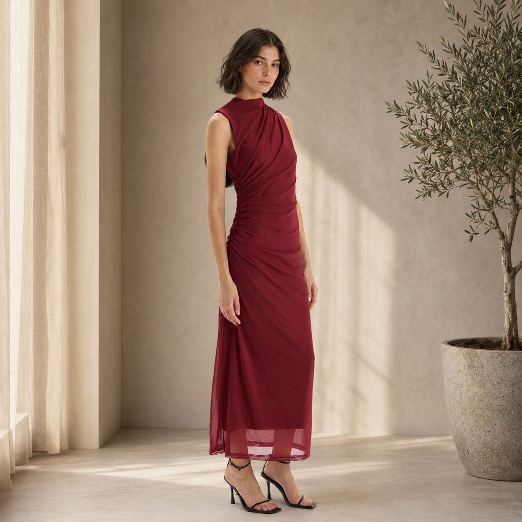 Bodycon Vücudu Saran Yarım Balıkçı Yaka Basıc Tül Maxi Abiye Elbise