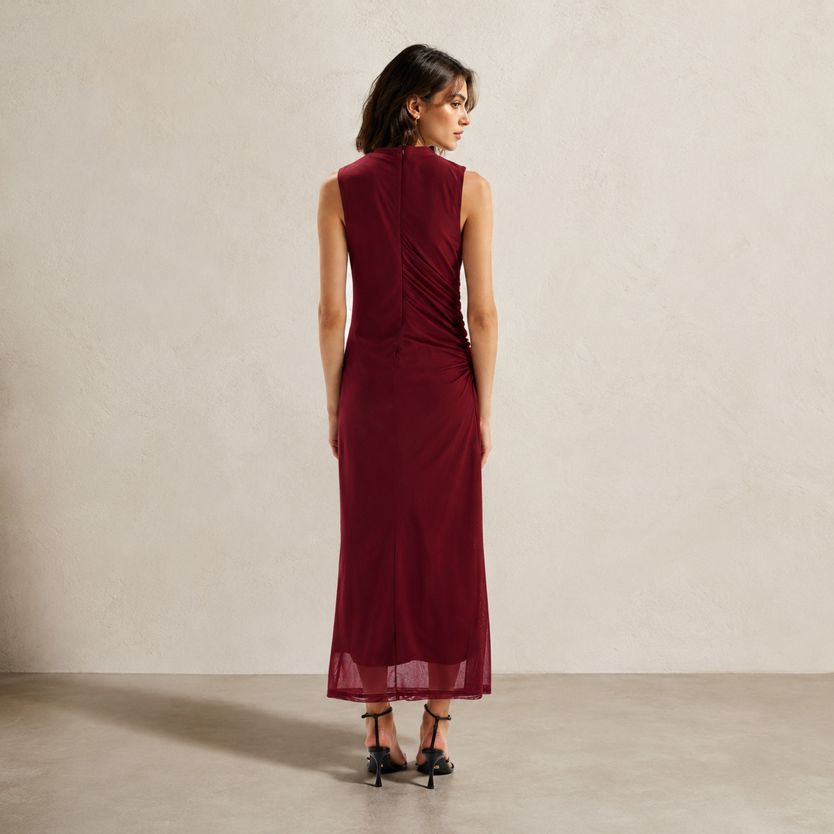 Bodycon Vücudu Saran Yarım Balıkçı Yaka Basıc Tül Maxi Abiye Elbise