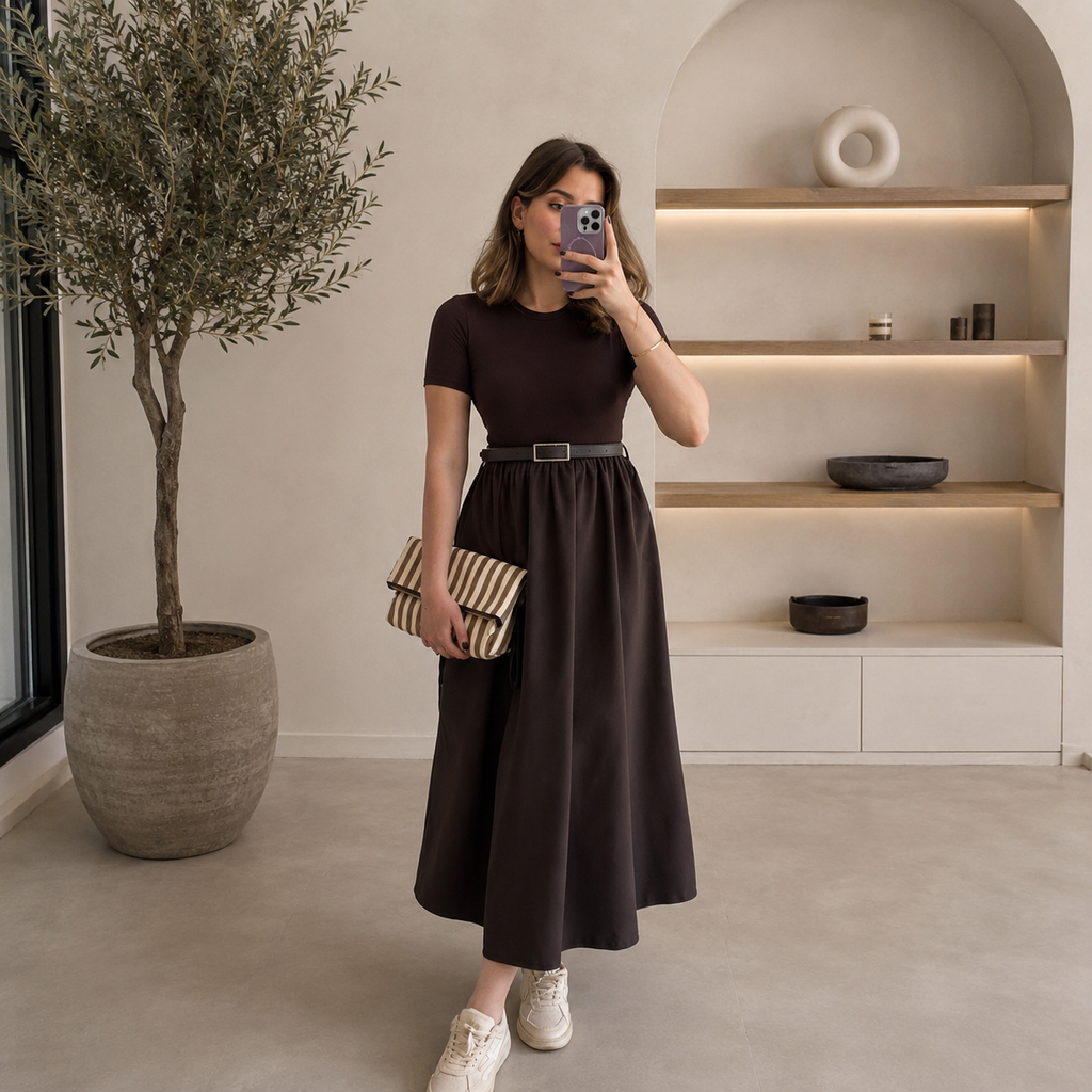 Kendinden Kemerli Alt Poplin Kumaş Elbise