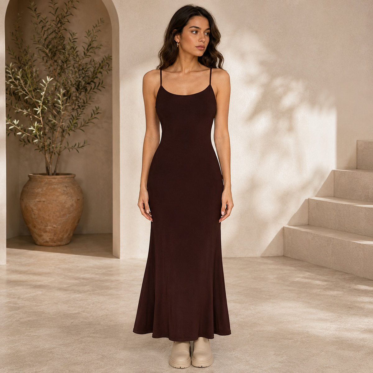 Siyah Fitted/vücuda Oturan Askı Boyu Ayarlanabilen Maxi Esnek Sandy Elbise