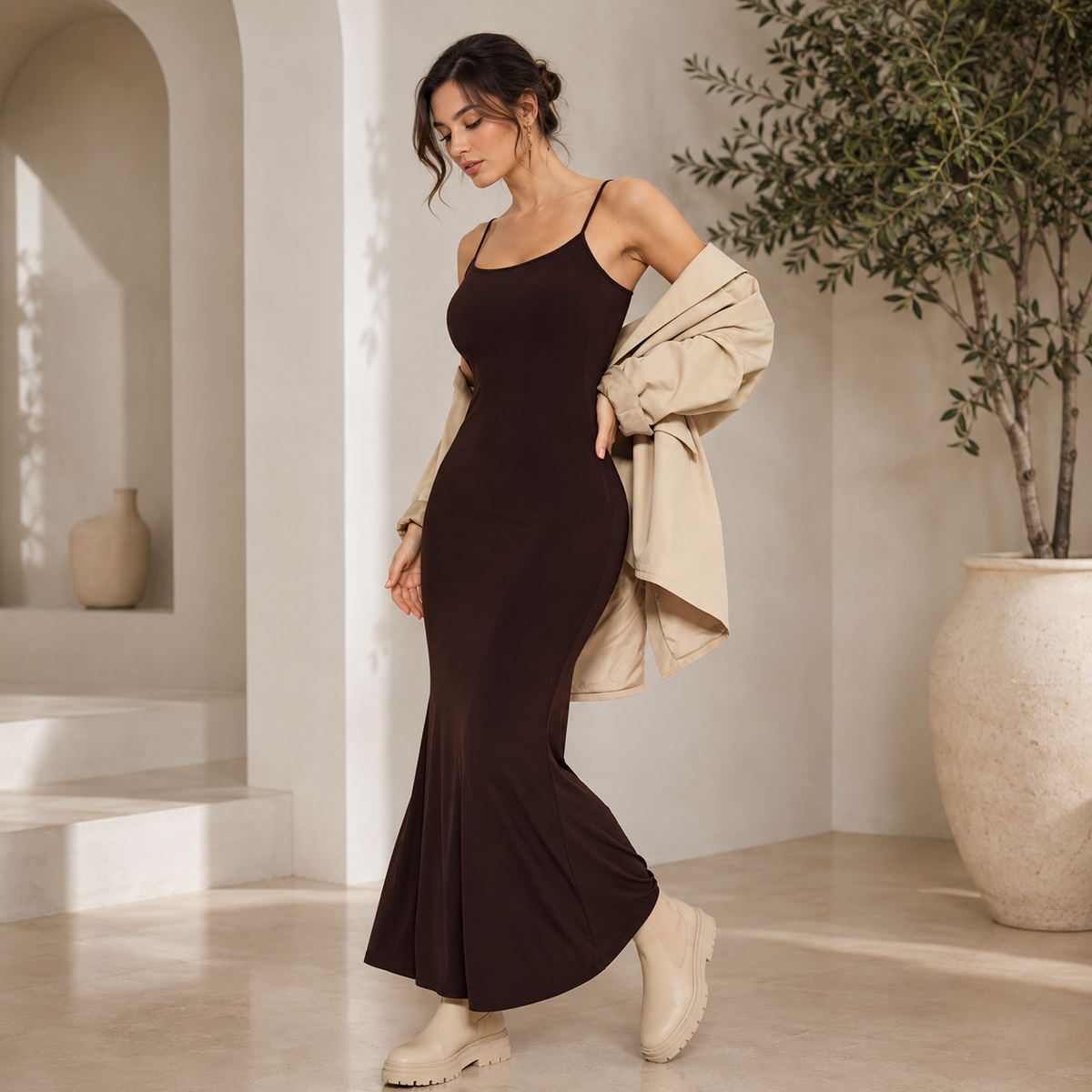 Siyah Fitted/vücuda Oturan Askı Boyu Ayarlanabilen Maxi Esnek Sandy Elbise