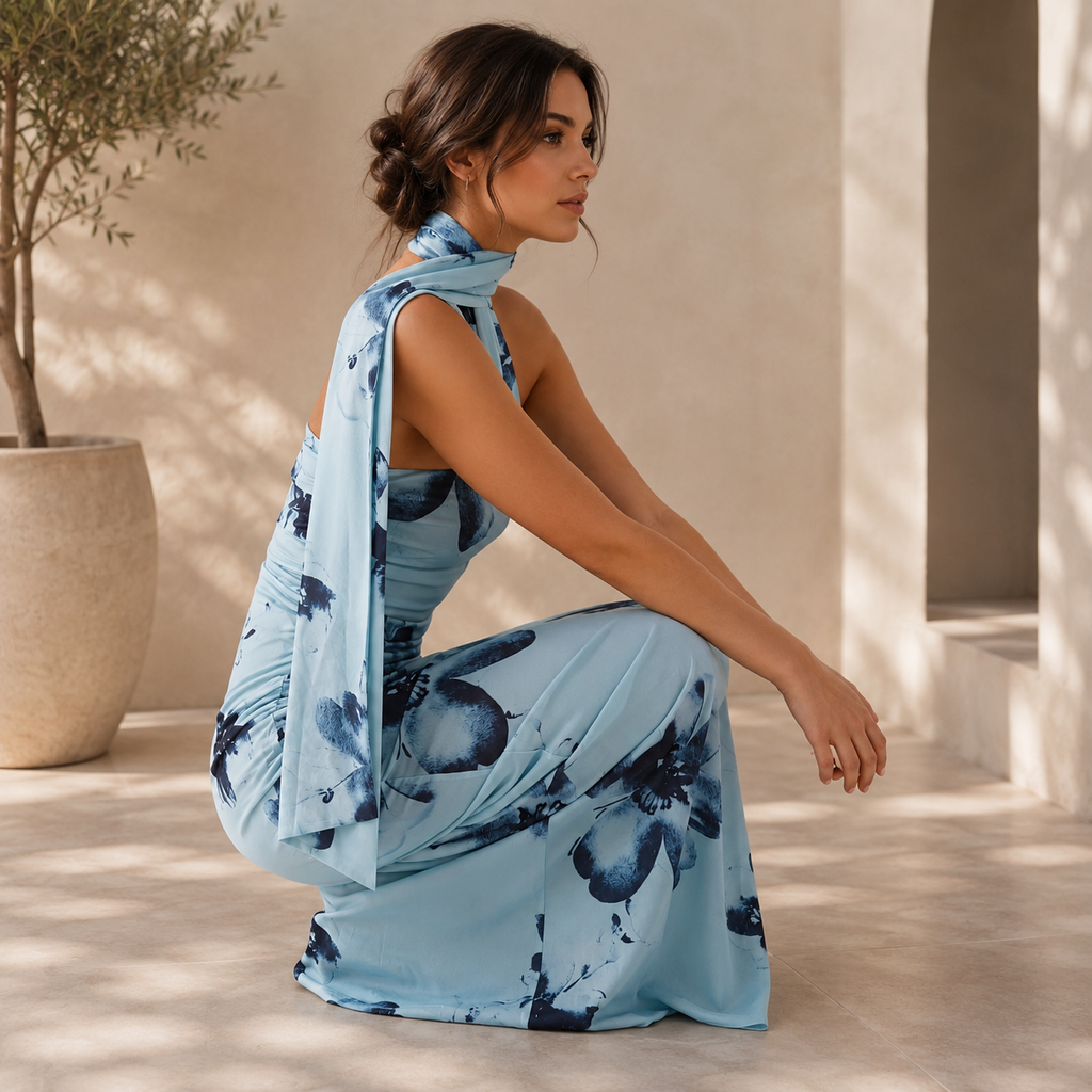 Straplez Desenli Bodycon Maxi Tül Elbise