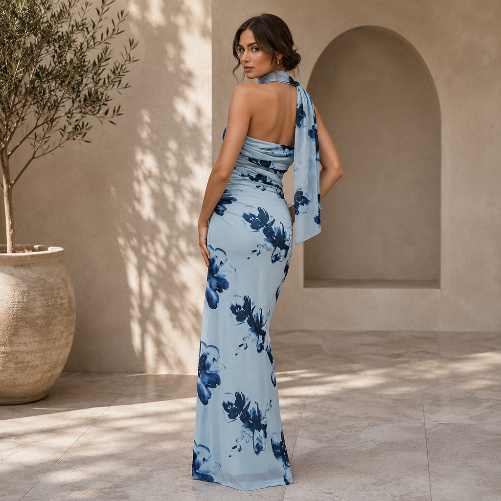 Straplez Desenli Bodycon Maxi Tül Elbise