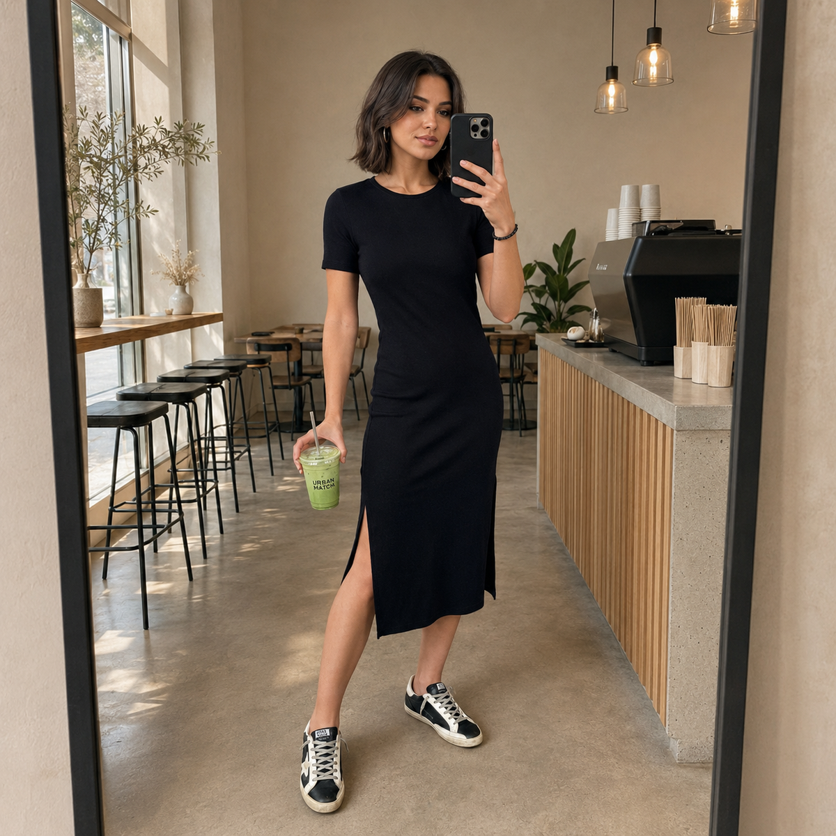 Regular Fit Bisiklet Yaka Yırtmaç Detaylı Midi Elbise ELBİSE