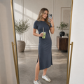 Regular Fit Bisiklet Yaka Yırtmaç Detaylı Midi Elbise ELBİSE