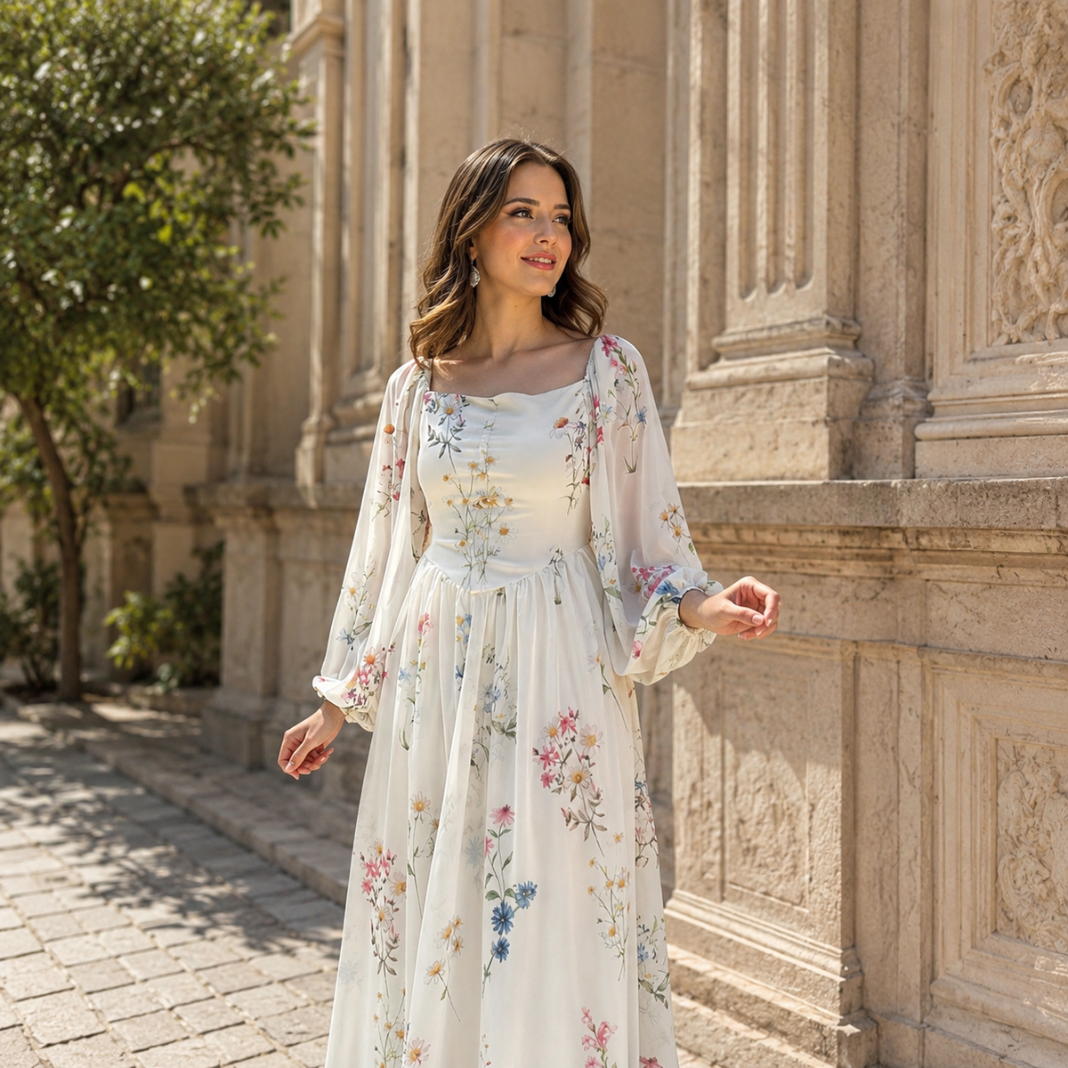 Çiçek ve Korse Detaylı Şifon Krem Elbise