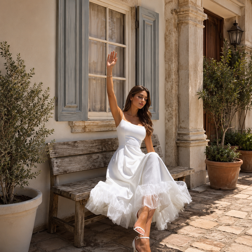 Kadın Eteği Tül Detaylı Askılı Midi Boy Abiye Premium Elbise