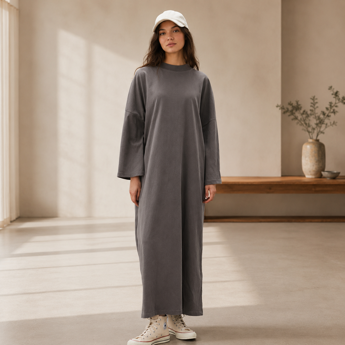 OVERSIZE UZUN RAHAT ELBİSE ANTRASİT