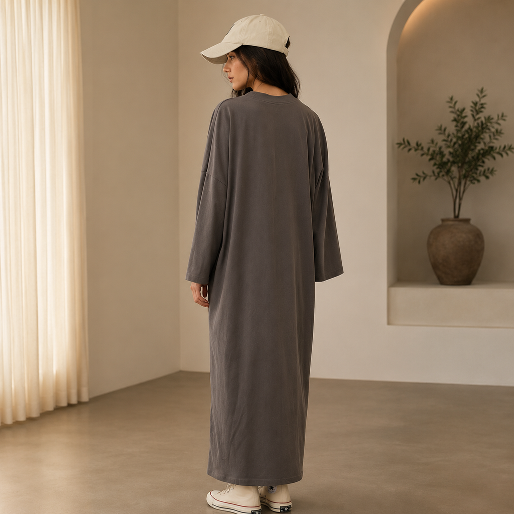 OVERSIZE UZUN RAHAT ELBİSE ANTRASİT