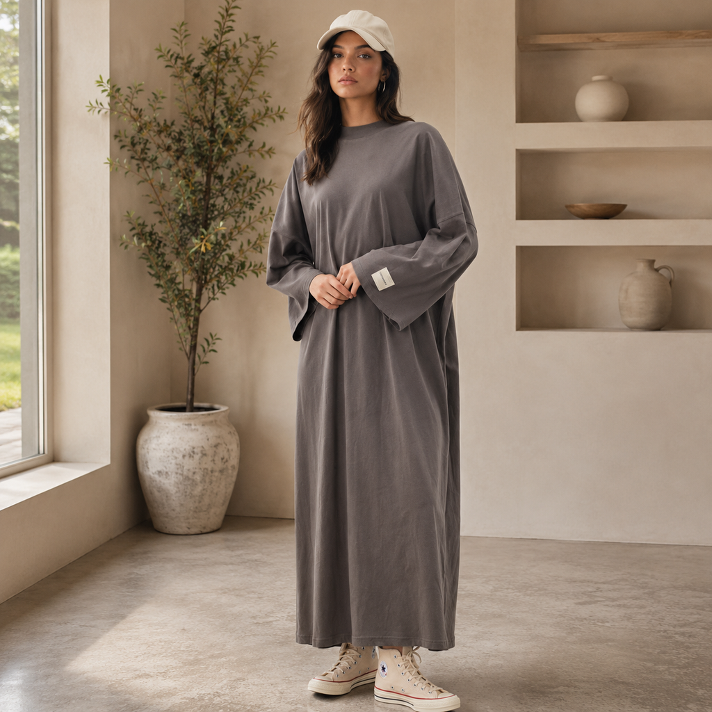 OVERSIZE UZUN RAHAT ELBİSE ANTRASİT