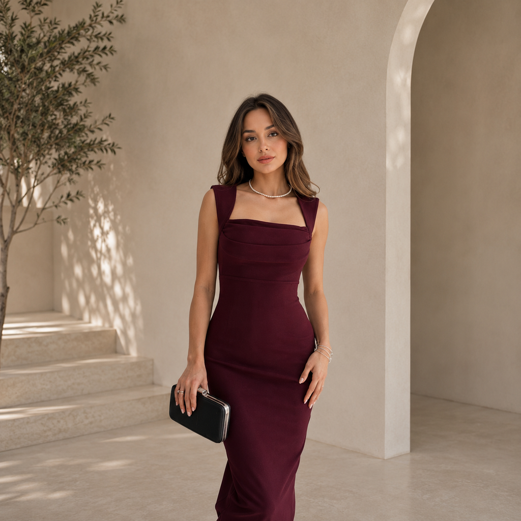 3708 Bordo Taşlı Kalem Elbise