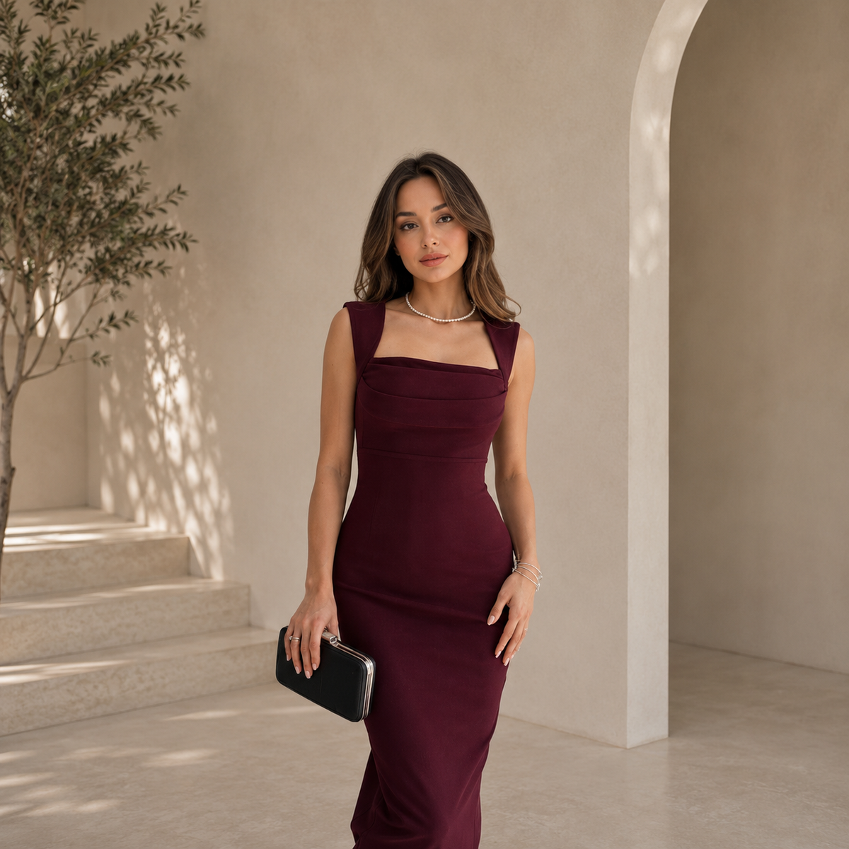 3708 Bordo Taşlı Kalem Elbise