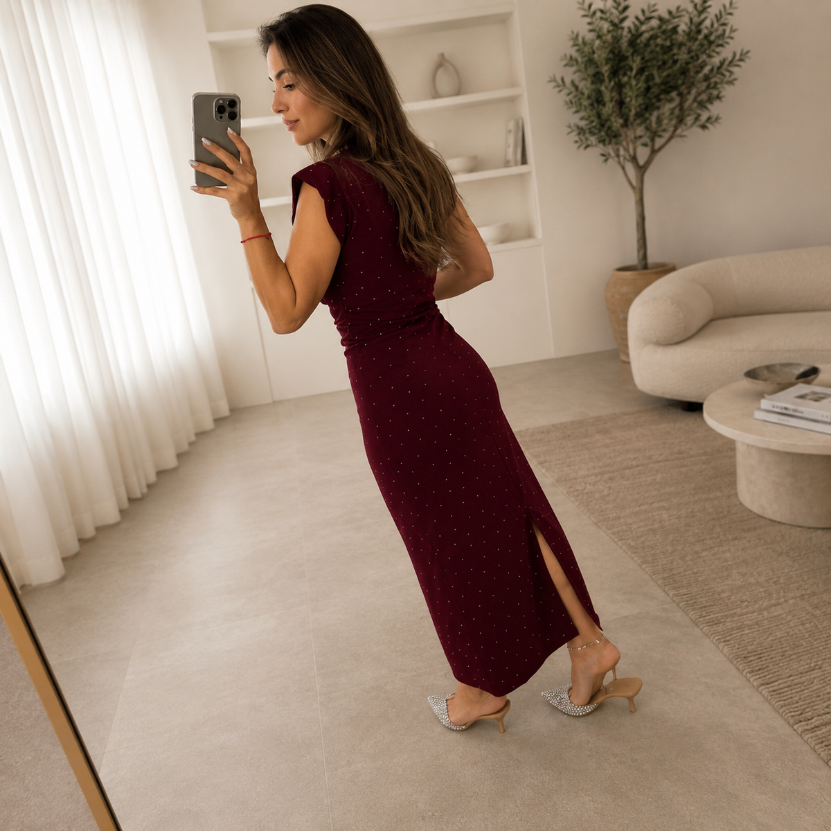 3708 Bordo Taşlı Kalem Elbise