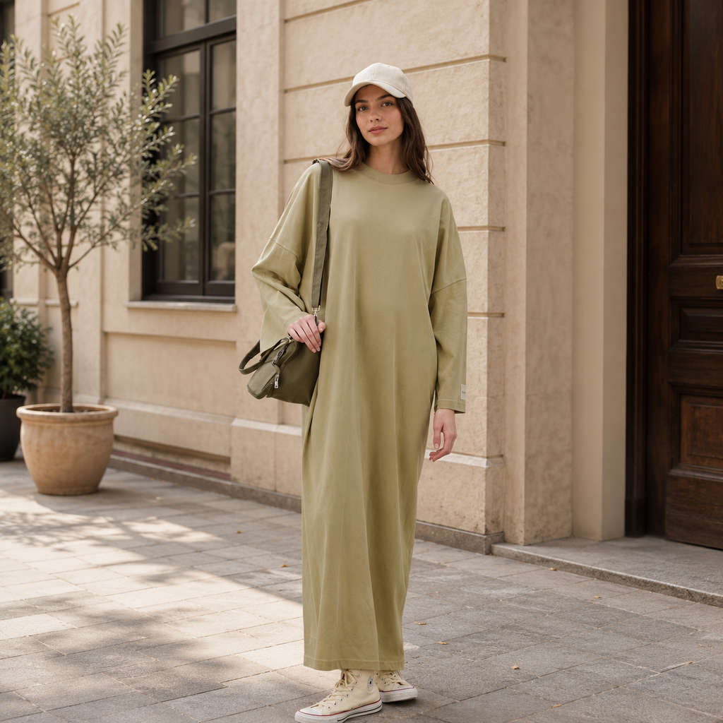 OVERSIZE UZUN RAHAT ELBİSE SARI