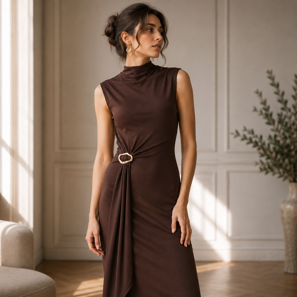 Bodycon Vücudu Saran Balıkçı Yaka Basıc Tokalı Midi Abiye Elbise