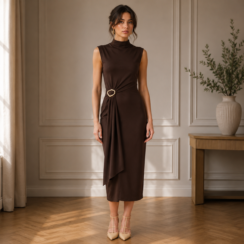 Bodycon Vücudu Saran Balıkçı Yaka Basıc Tokalı Midi Abiye Elbise