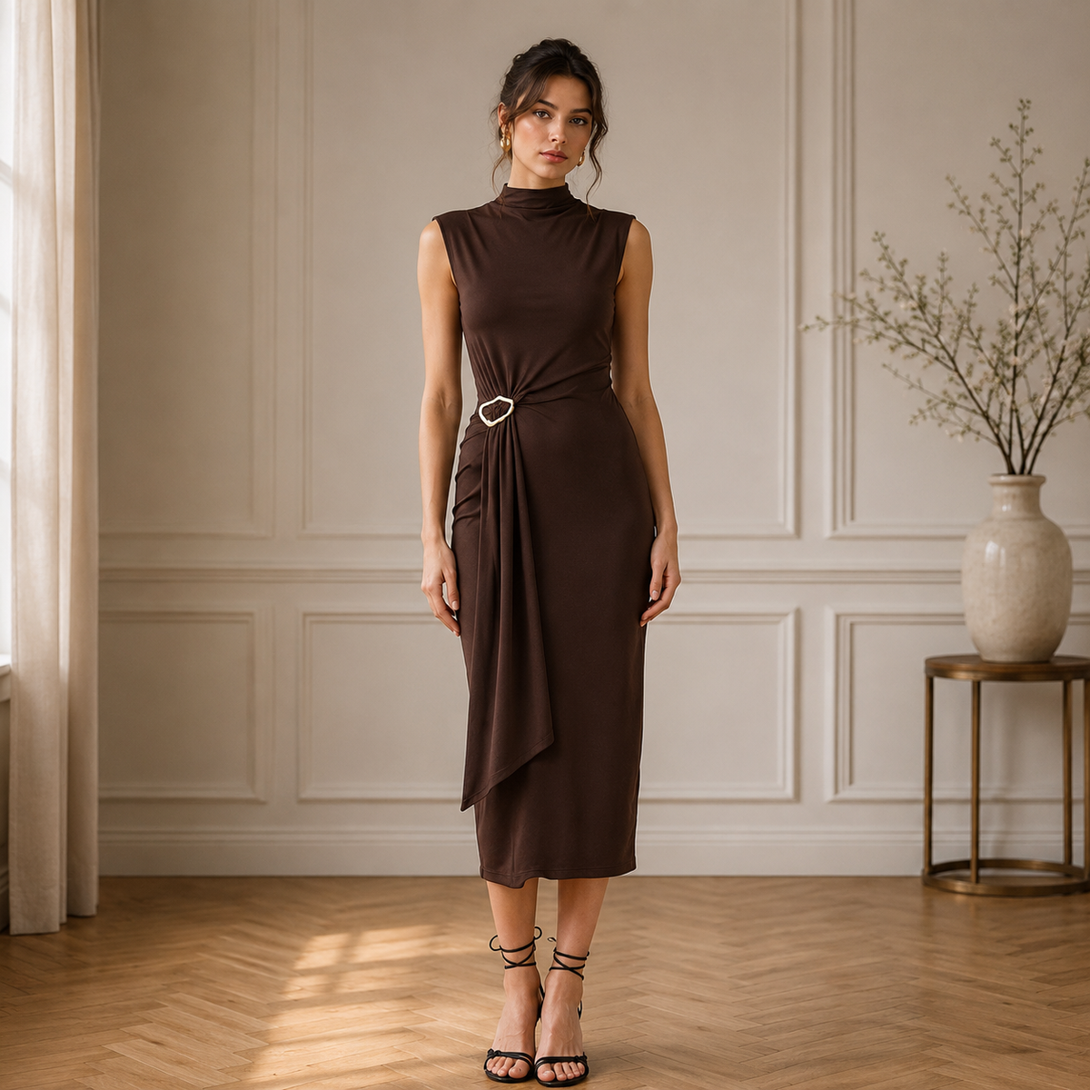 Bodycon Vücudu Saran Balıkçı Yaka Basıc Tokalı Midi Abiye Elbise