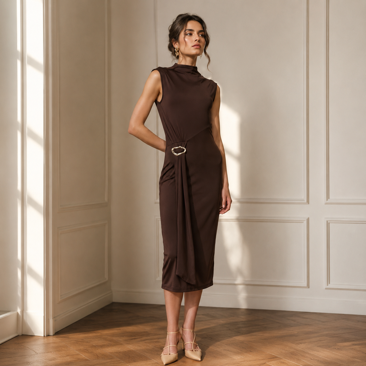 Bodycon Vücudu Saran Balıkçı Yaka Basıc Tokalı Midi Abiye Elbise