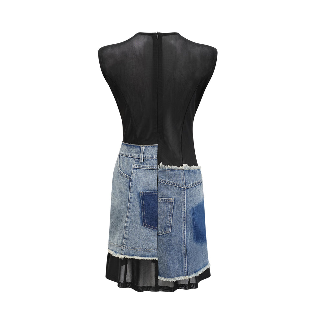 Lana Denim Patchwork Kolsuz Elbise