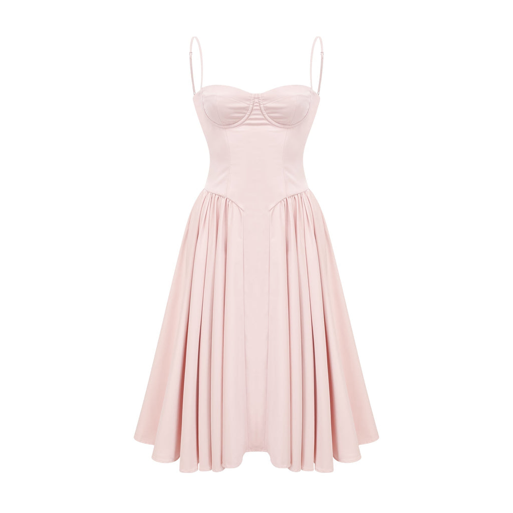 Soleil Pembe Pilili Korse Midi Elbise