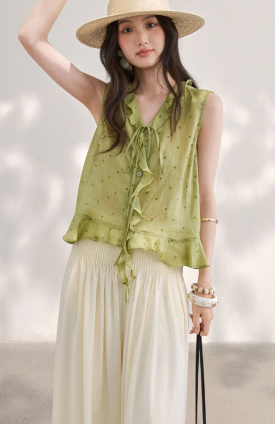 Womens Ruffled Blouse With Tie Details Figure-flattering Top