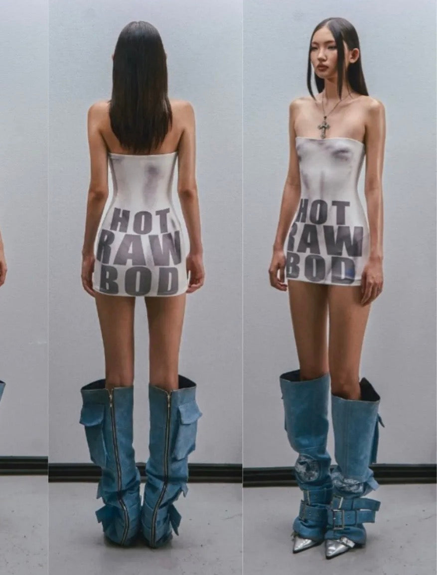 Women Y2K Strapless Tube Mini Dress Graphic Body-Morph Print Bodycon Streetwear Baddie Outfit Nightclub Rave Party Dress