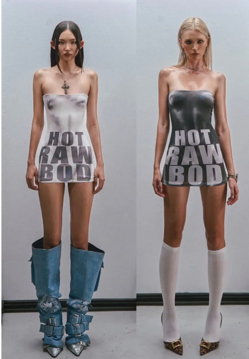 Women Y2K Strapless Tube Mini Dress Graphic Body-Morph Print Bodycon Streetwear Baddie Outfit Nightclub Rave Party Dress