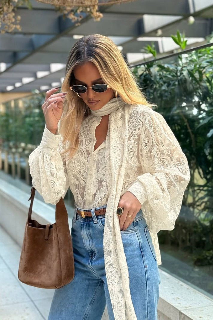 Dunja Sheer Lace Tie Blouse