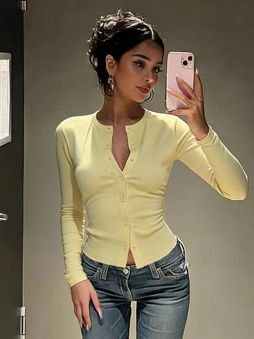 Evelyn Button Front Ribbed Knit Fitted Top