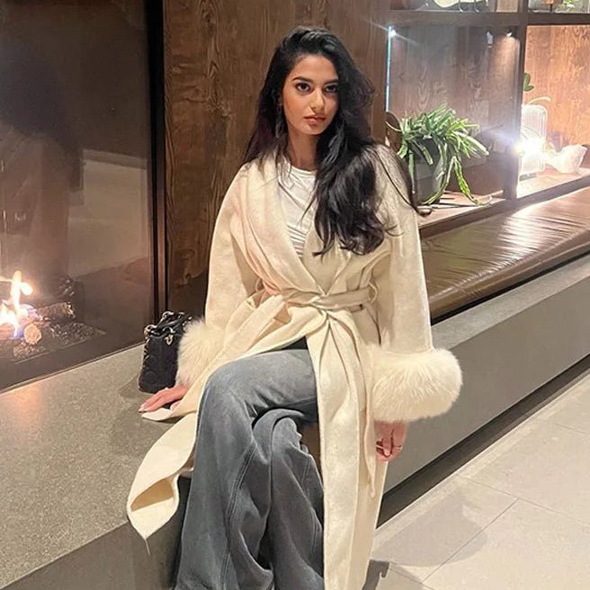 Wool Wrap Coat with Fox Fur Cuff
