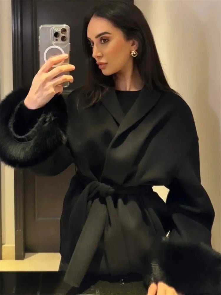 Wool Wrap Coat with Fox Fur Cuff
