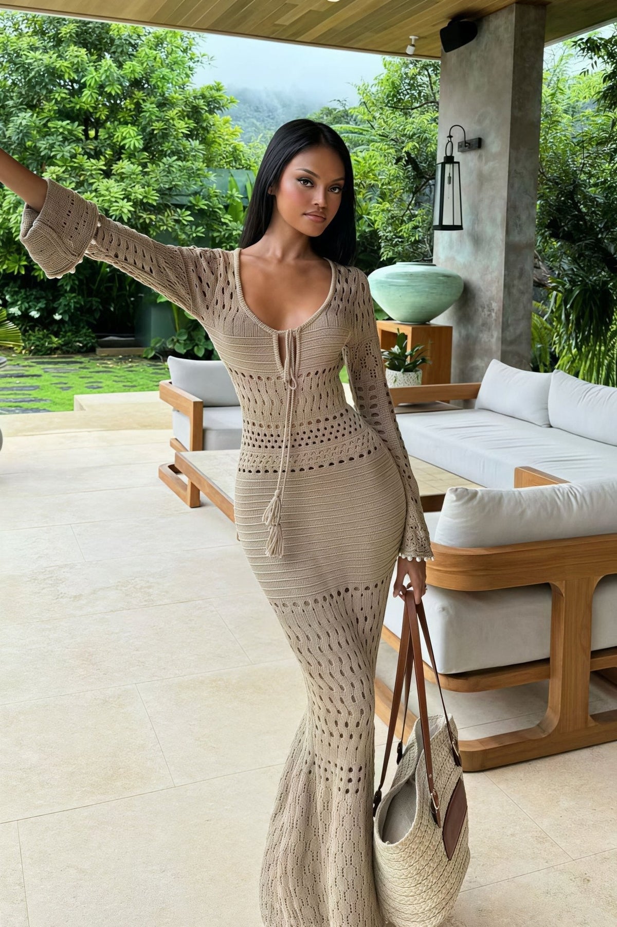 Beatrice Ribbed V-Neck Cinched Maxi Dress