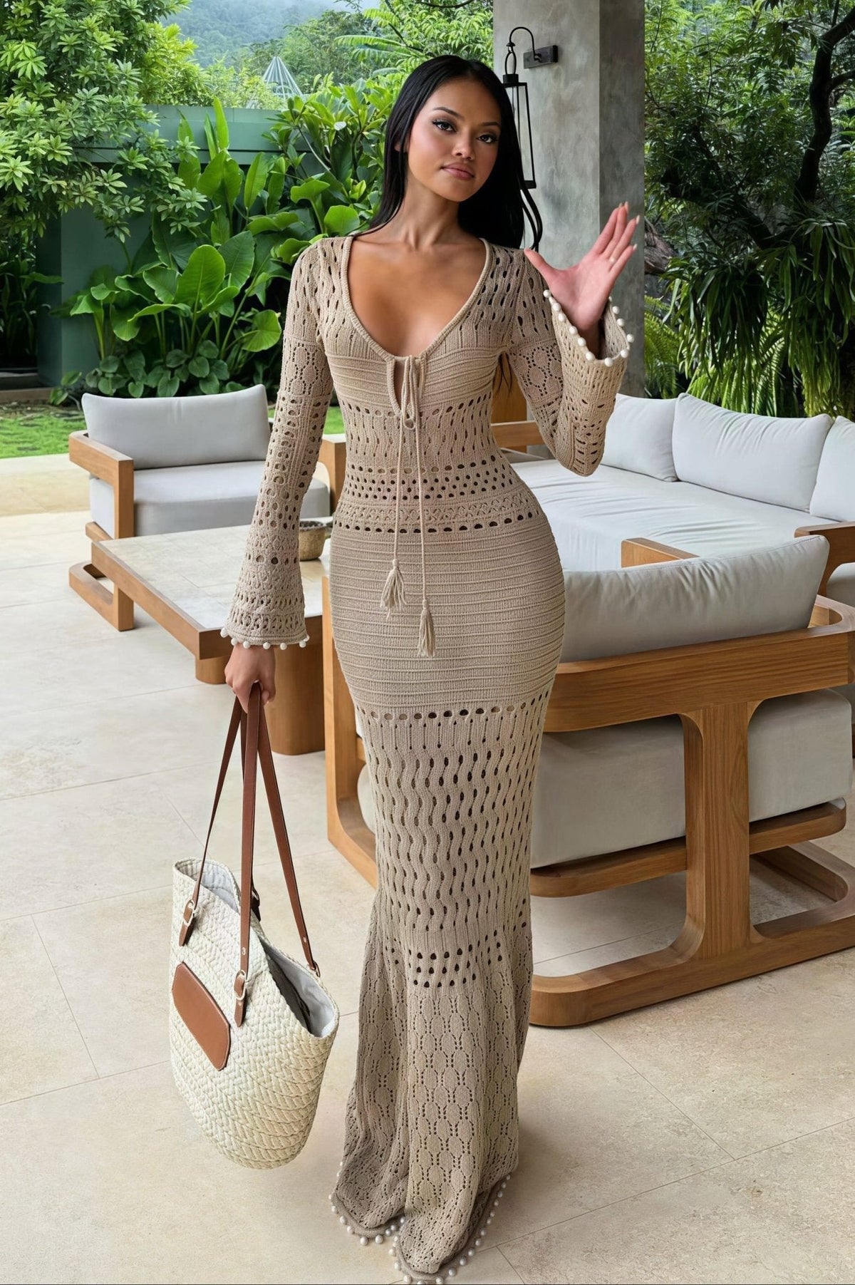 Beatrice Ribbed V-Neck Cinched Maxi Dress