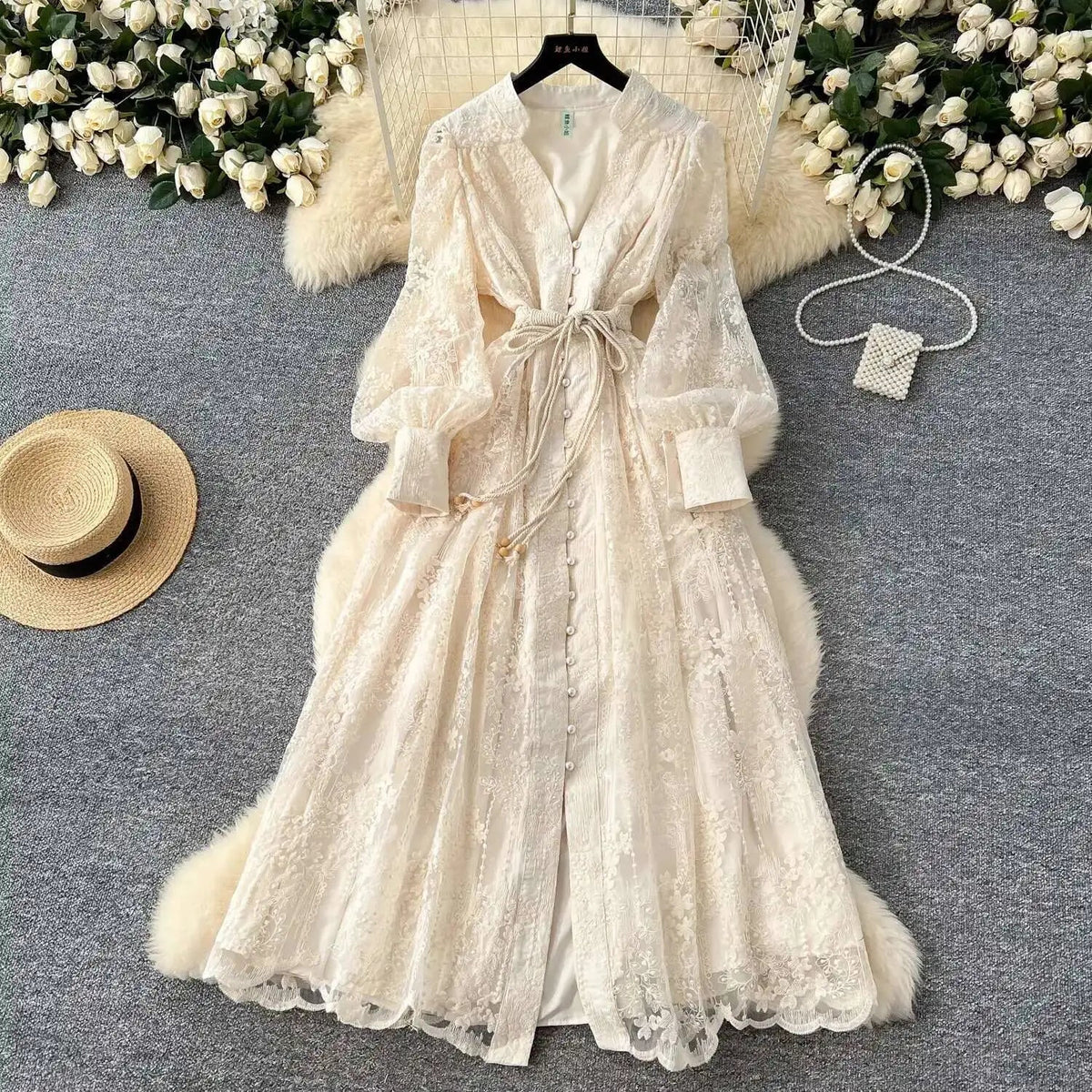 Beatrice Embroidered Pearl Midi Dress