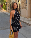 Serena Open-Back Polka Dot Halter Mini Dress
