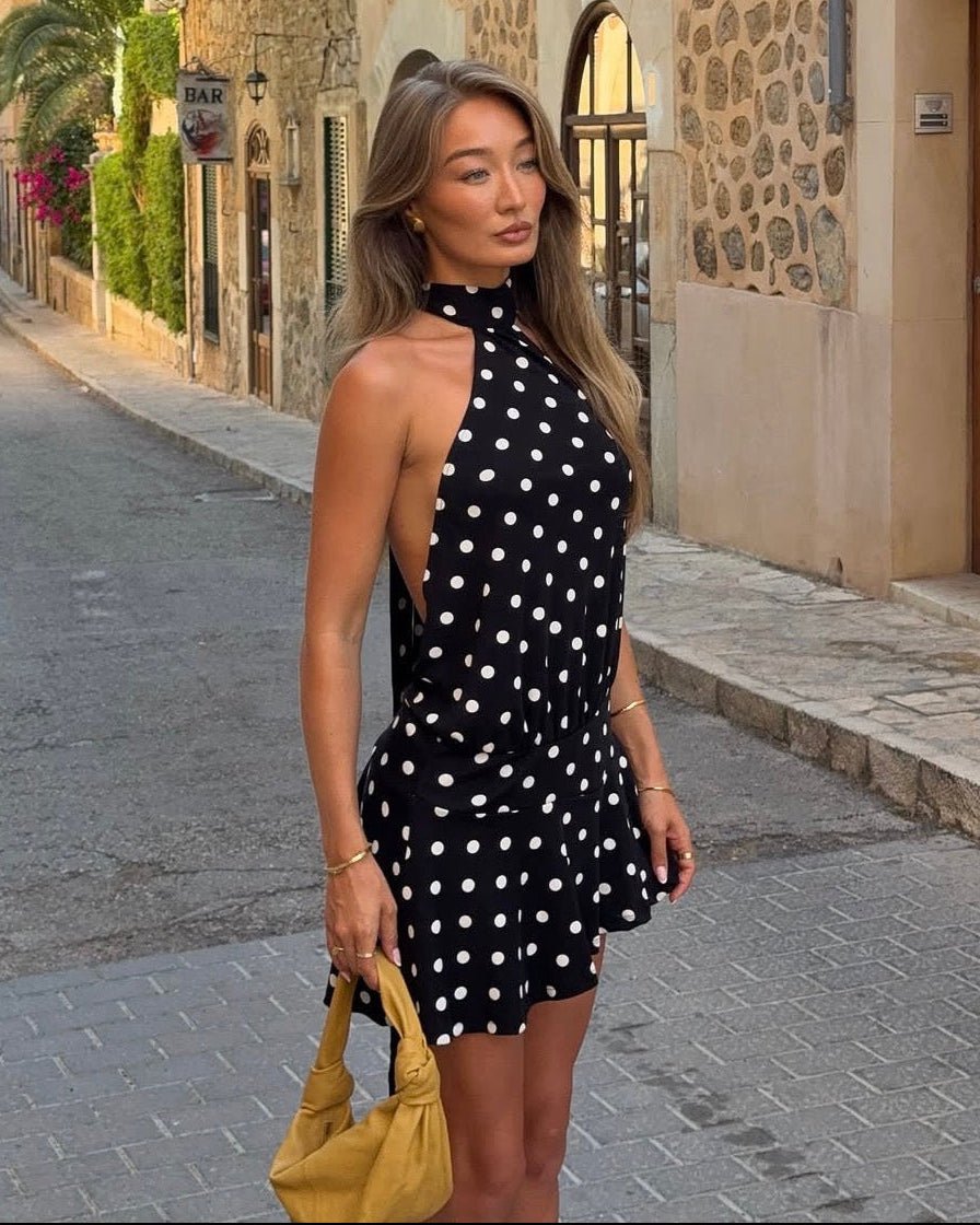 Serena Open-Back Polka Dot Halter Mini Dress