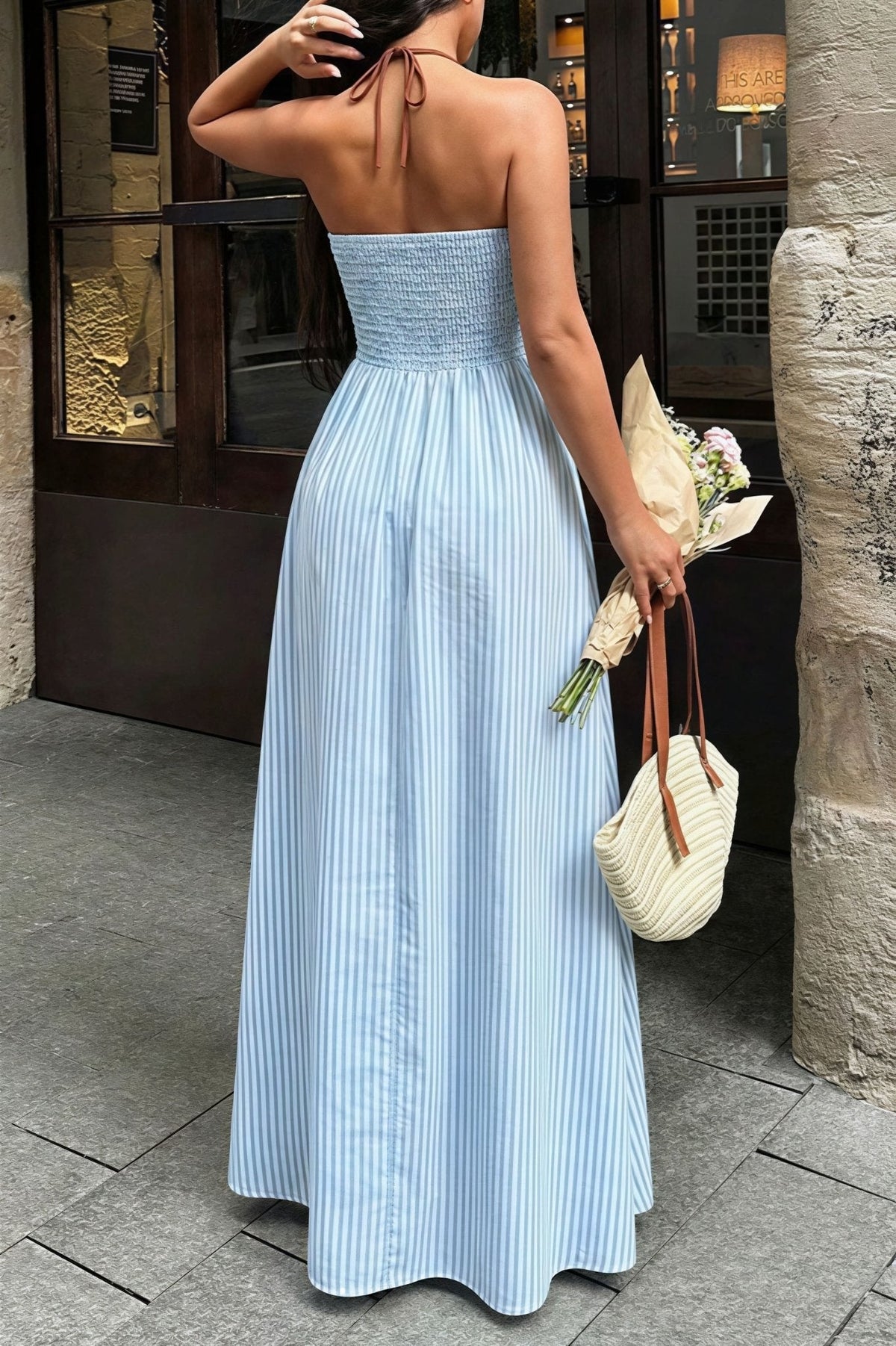 Sevilla Striped Deep V- Neck Maxi Dress